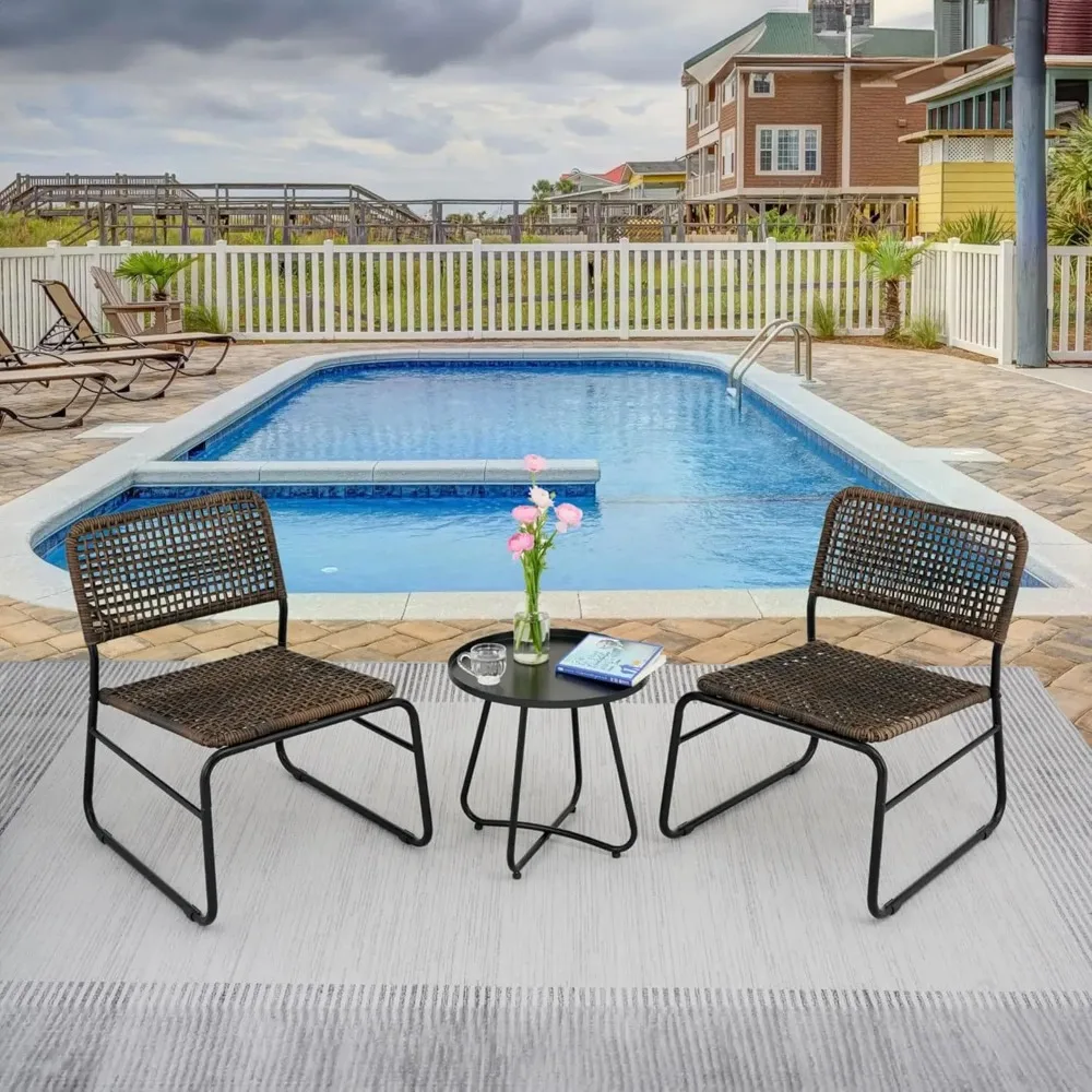 3 Pieces Patio Conversation Bistro Set, Outdoor Furniture Rattan Furniture with Round Table and 2 Armchairs