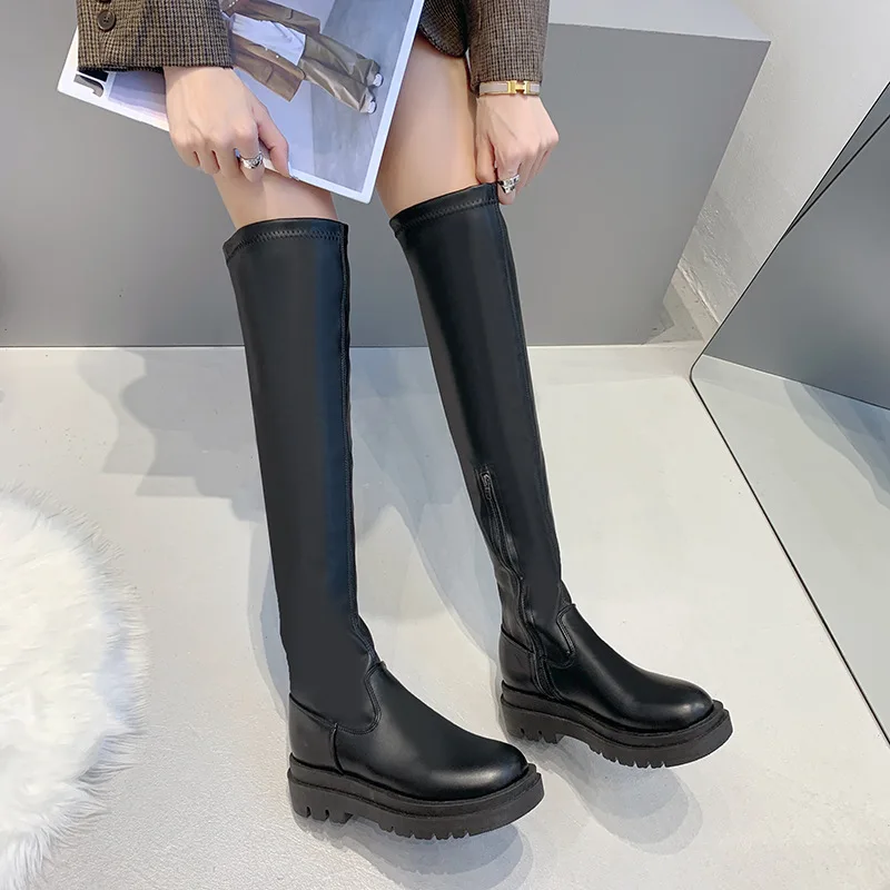 Women High Boots Fashion Woman Round Toe Zipper PU Leather Knee High Boots Women Chunky Platform Long Boots Solid Retro Botas