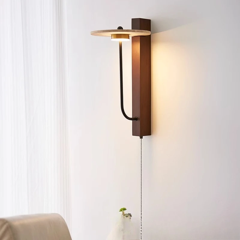 

Japanese style silent wind yellow travertine wall lamp living room bedroom room study background wall with switch led wall lamp