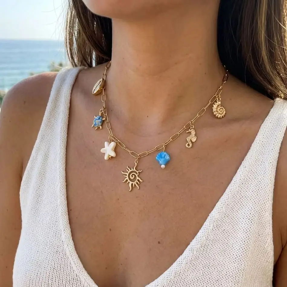 Creative Sun Ocean Animal Pendant Necklace For Women Turtle Starfish Seahorse Multi Element Metal Choker Beach Vacation Jewelry
