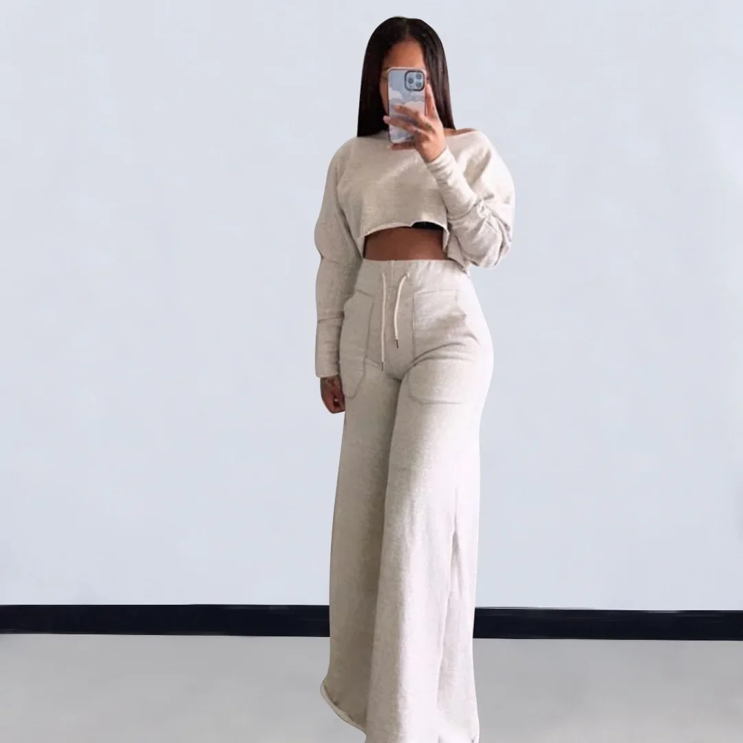 Women Pant Set Two Piece Sets Round Neck Full Sleeve Casual Loose Elegant Splice Tops Wide Leg Long Pants High Elastic Waist