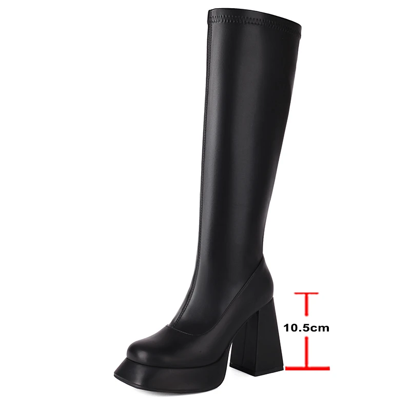 ANNYMOLI Women Knee High Long Boots Round Toe Platform Thick High Heels Zipper Gogo Boots Ladies Fashion Shoes Winter White 43