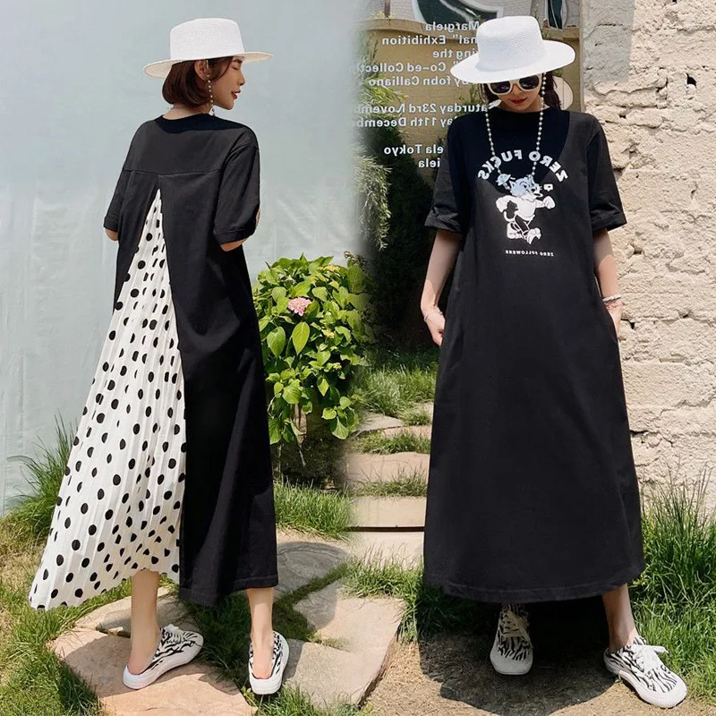 Summer New Loose Polka Dot T-shirt Dress Round Neck Short Sleeve Patchwork Casual Dresses Fashion Vintage Women Clothing