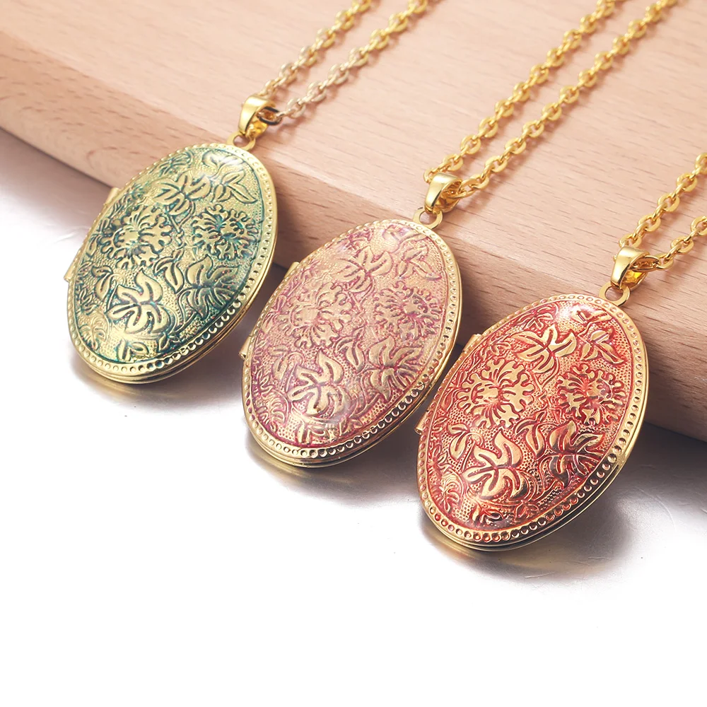 Gold Color Love Enamel Photo Frame Pendant Necklace For Women I Love You Flower Pattern Ellipse Openable Locket Necklace Jewelry