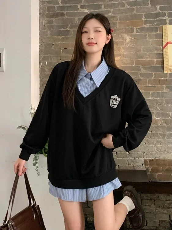 

plus Size Casual Long Sleeve Shirt And Sweatshirt Patchwork Top Korean Style Loose Fit Autumn New Arrival Slimming College St...