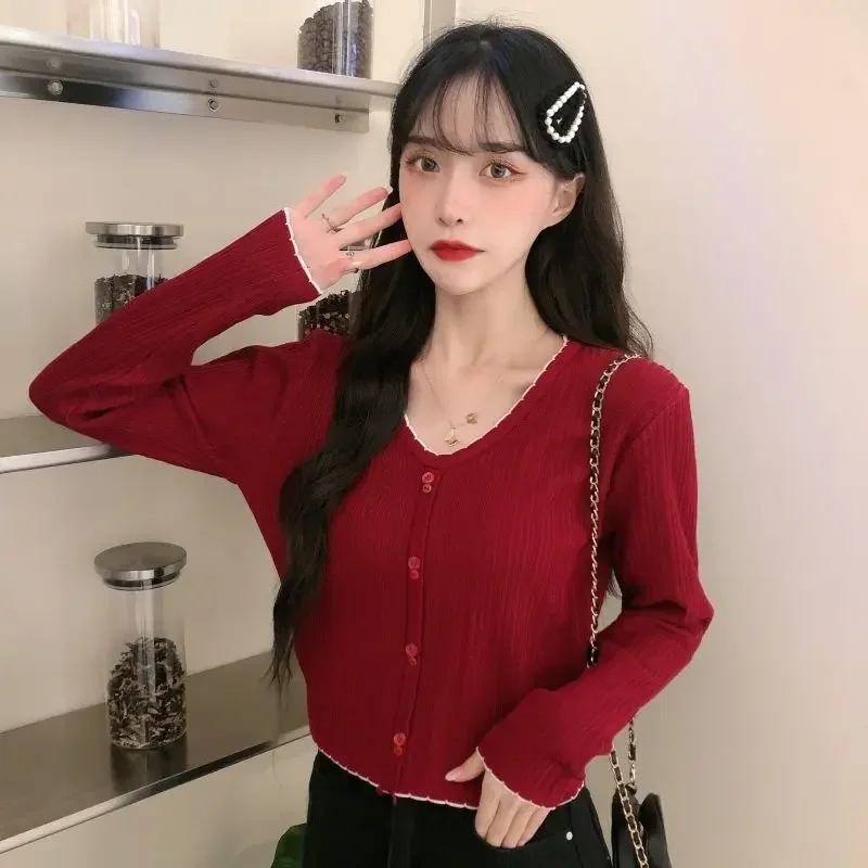 Woman Sweaters Cardigan Autumn Sweater Long Sleeve Women\'s V-neck Ice Silk High Waist Short Red Top Clothes