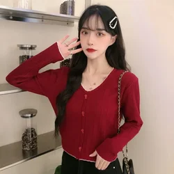 Woman Sweaters Cardigan Autumn Sweater Long Sleeve Women's V-neck Ice Silk High Waist Short Red Top Clothes