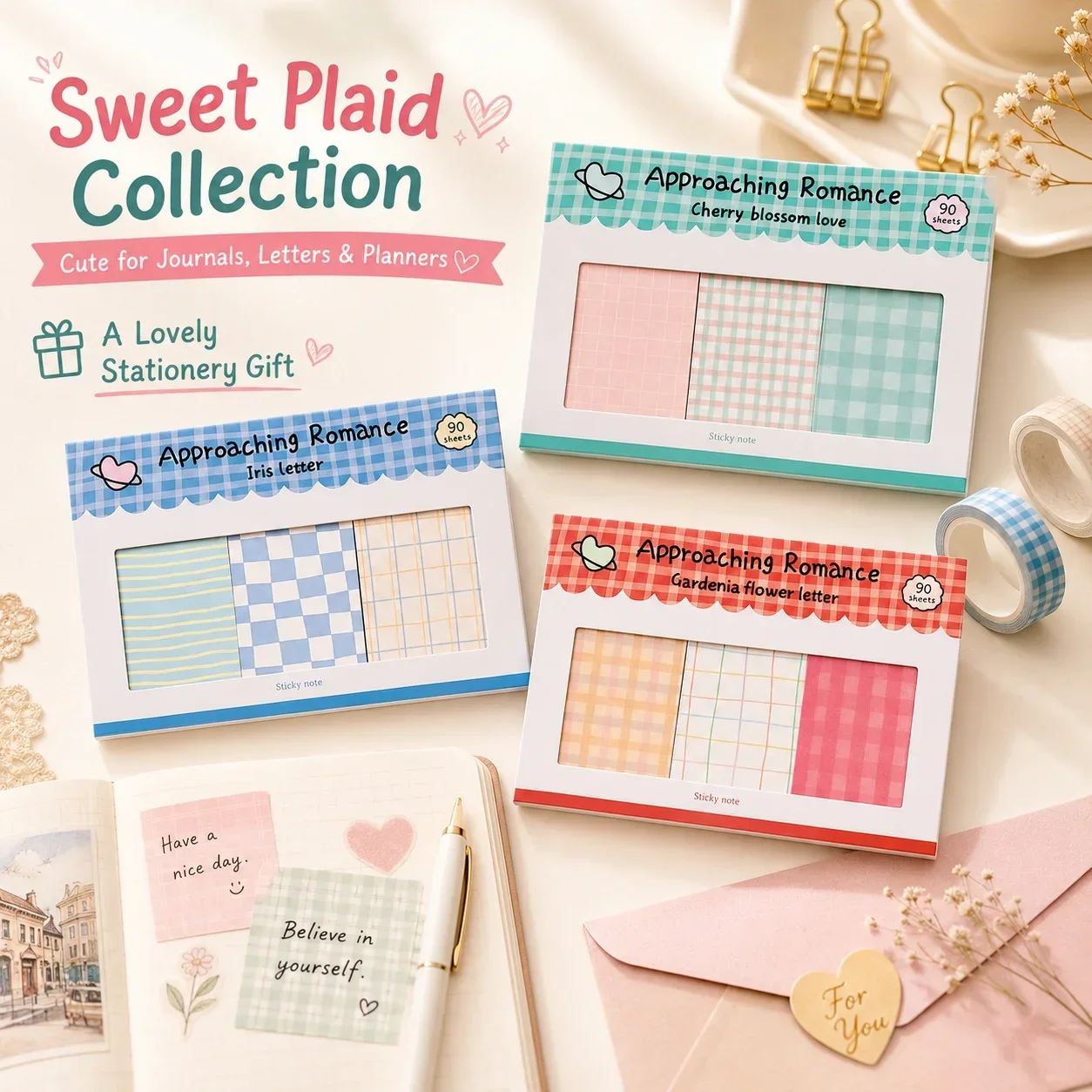 Plaid Sticky Note Pad Set, Romantic Series Scrapbook Decor, Basic Paper for Journaling and DIY Crafts