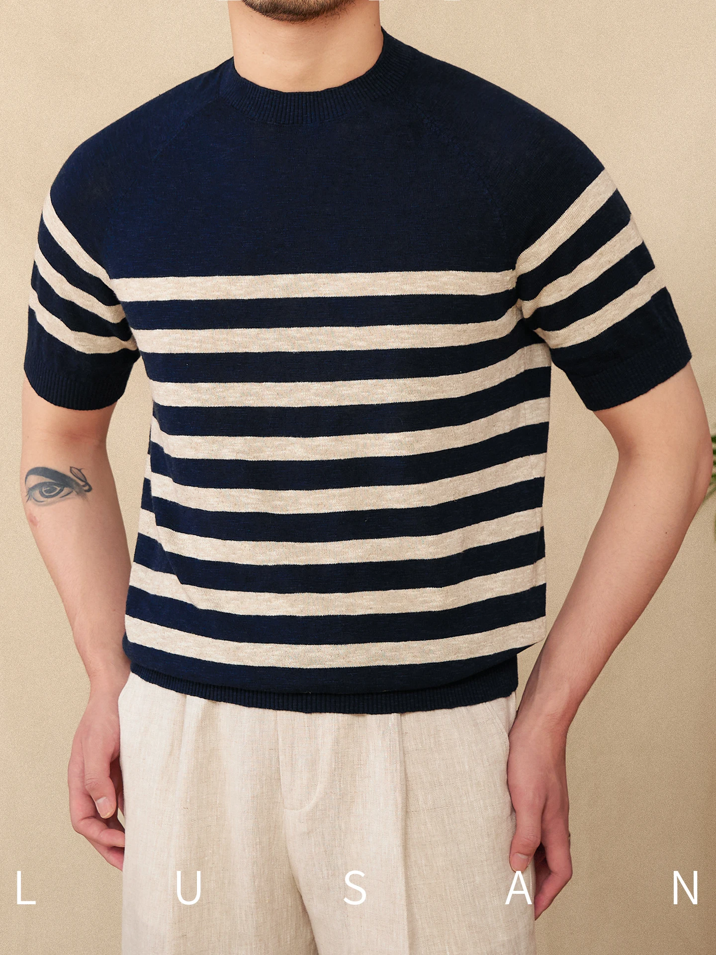 High-End Linen Blended Navy-Striped Shirt round Neck Striped Woven Shirt Casual Cotton Short Sleeve Half Sleeve Trendy Men