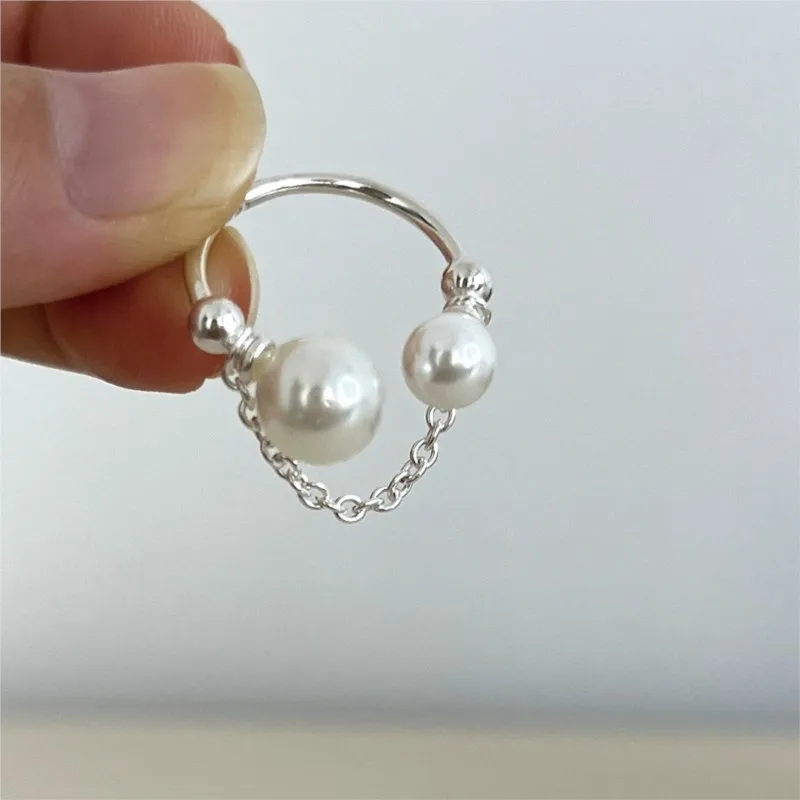 PANJBJ 925 Sterling Silver Pearl Geometry Ring For Women Chain Open Fashion Sweet Tassel Jewelry Party Gift Dropshipping