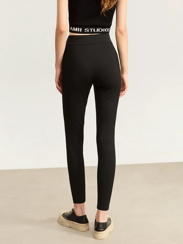 Amii 2025 outono leggings femininas novo fino básico impresso alta elástica pele de tubarão sólida calças yoga senhora calças casuais 12323170