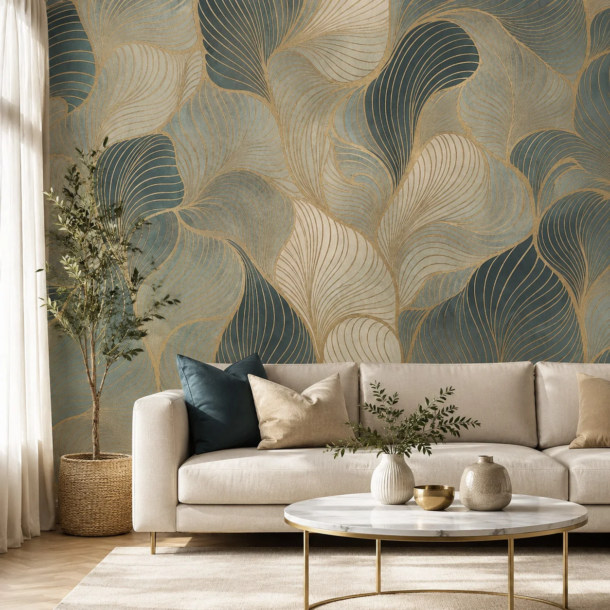 Luxury Gold Line Abstract Leaf Wall Mural, Teal Green Modern Art Wallpaper, Non‑Self‑Adhesive for Bedroom Home Wall Decor
