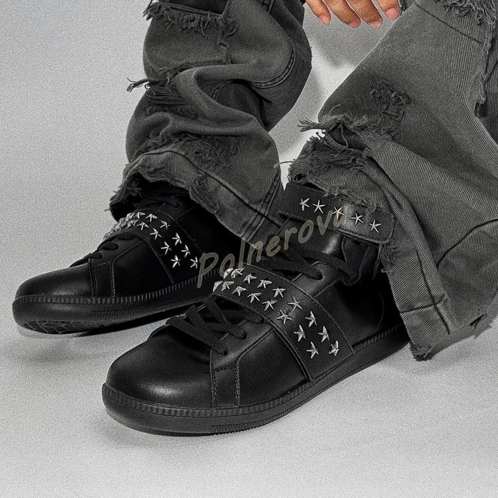 Women Star Rivet High Top Sneakers Gothic Punk Metal Star Studded Hook & Loop Strap Shoes Lace Up Round Toe Flat Ankle Shoes