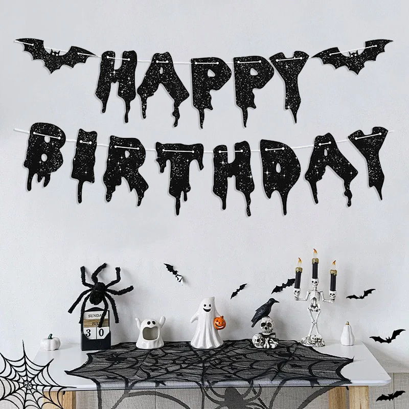 Banner de papel de feliz Halloween de murciélago negro, guirnalda colgante, suministros de decoración del hogar para fiesta de Halloween, accesorios de bandera de fantasma de calabaza, 2025