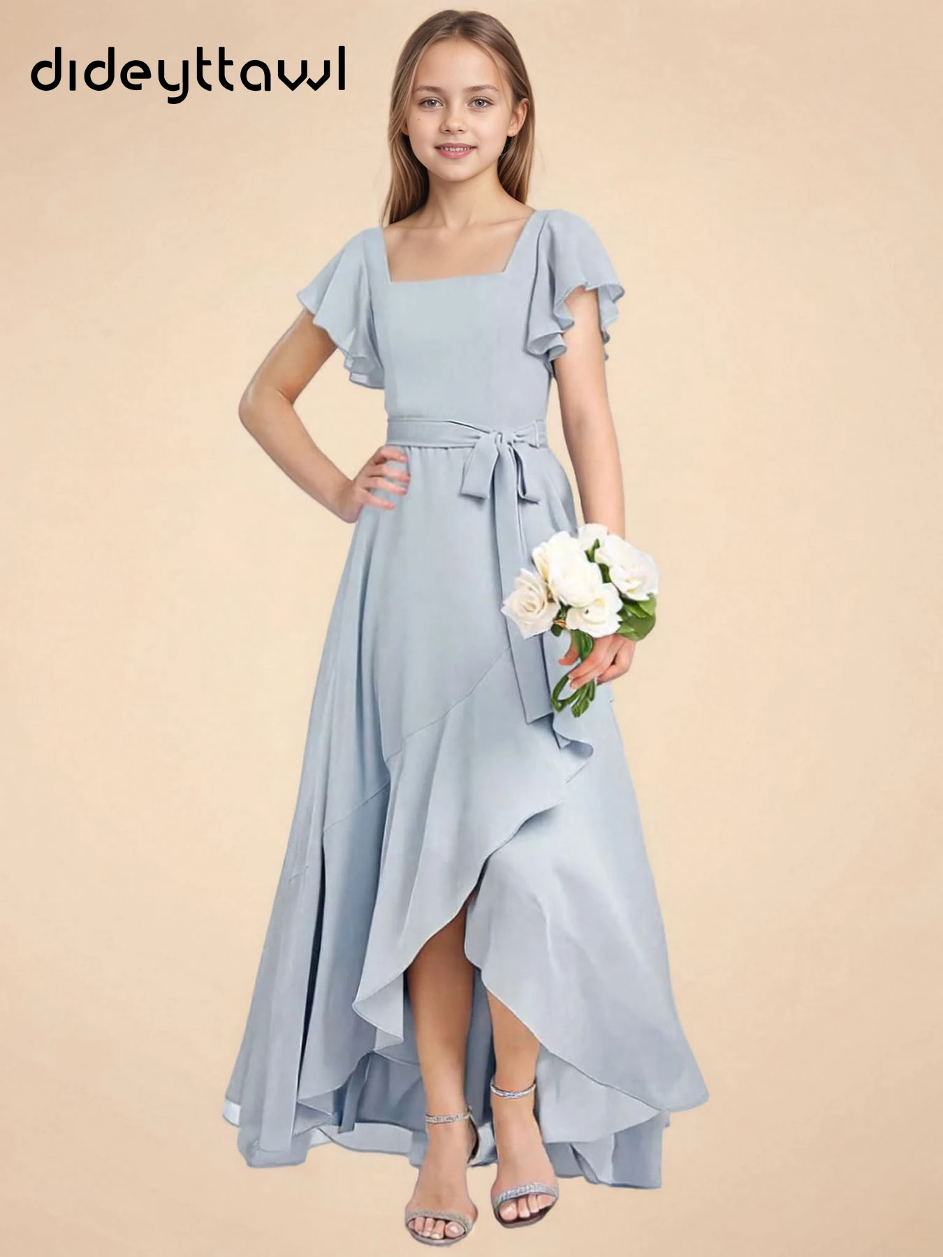 

Dideyttawl индивидуальное шифоновое платье с квадратным вырезом и рюшами для девочек, высокой талией и поясом, асимметричным подолом, с открытой спиной и завязками на бретелях, Flo