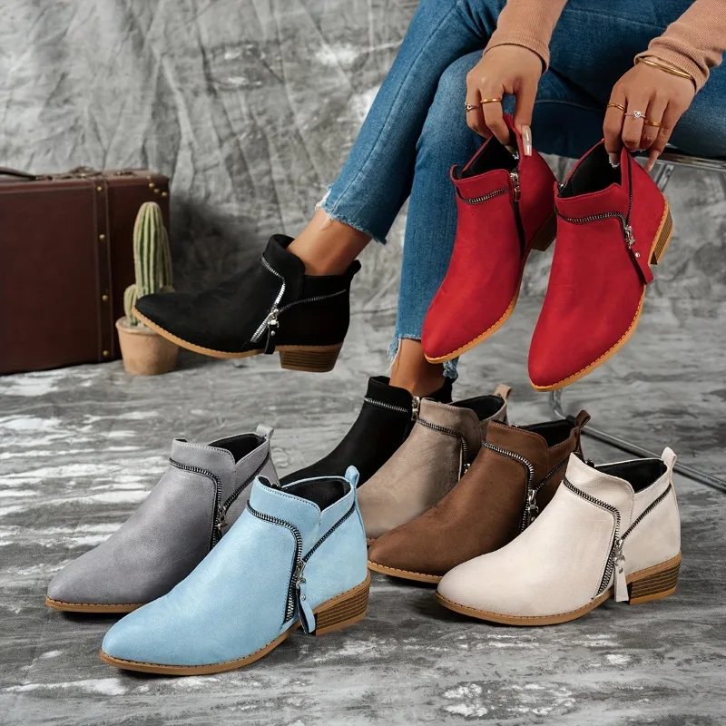 2026 New Pointed Toe Low Heel Casual Women's Ankle Boots Fashion Solid Side Zipper Classic Daily Outdoor Walking Women Boots