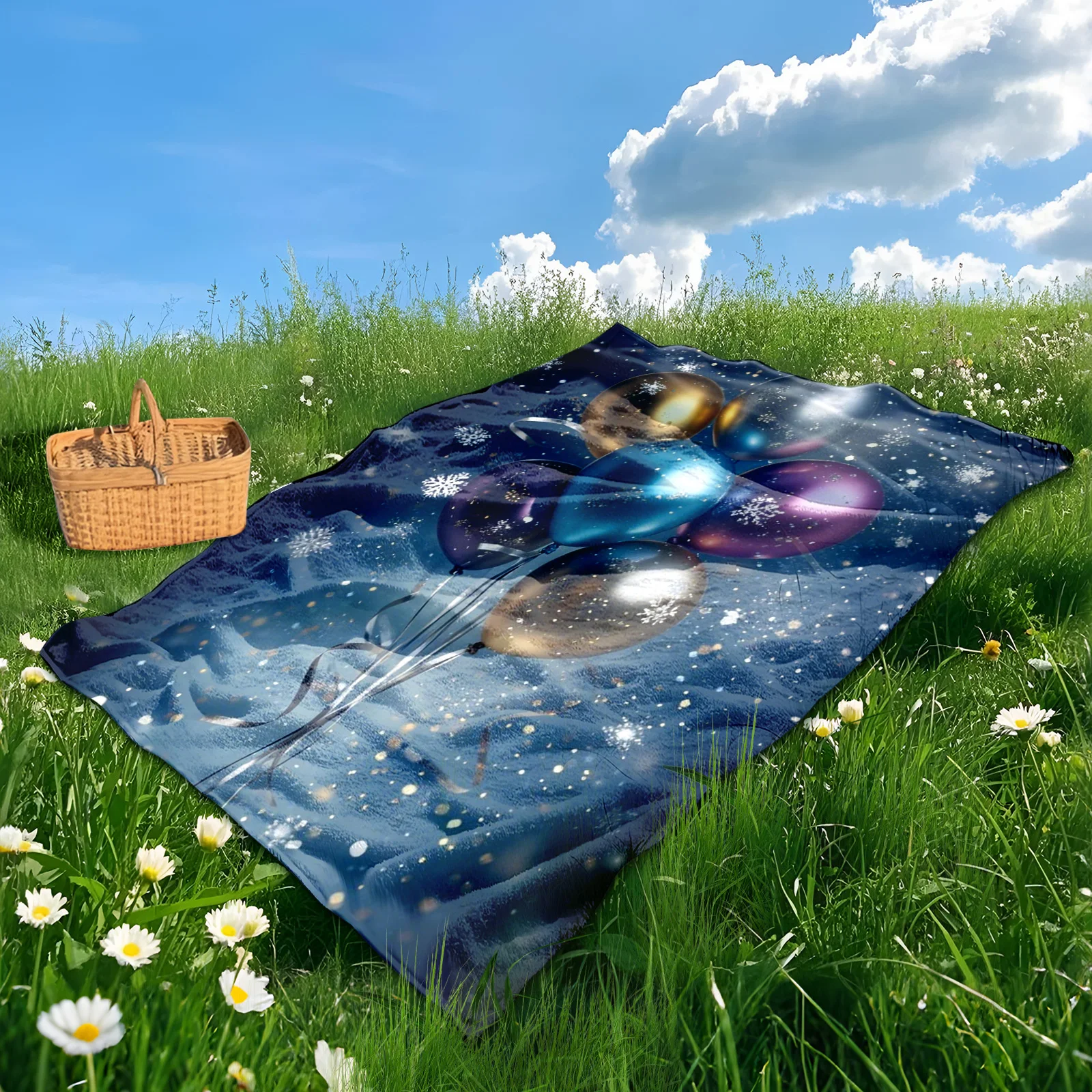 Transparent Balloons With Starry Sky And Snowflake Patterns Creative Design Outdoor Blanket For Winter-Themed Outdoor Adventure