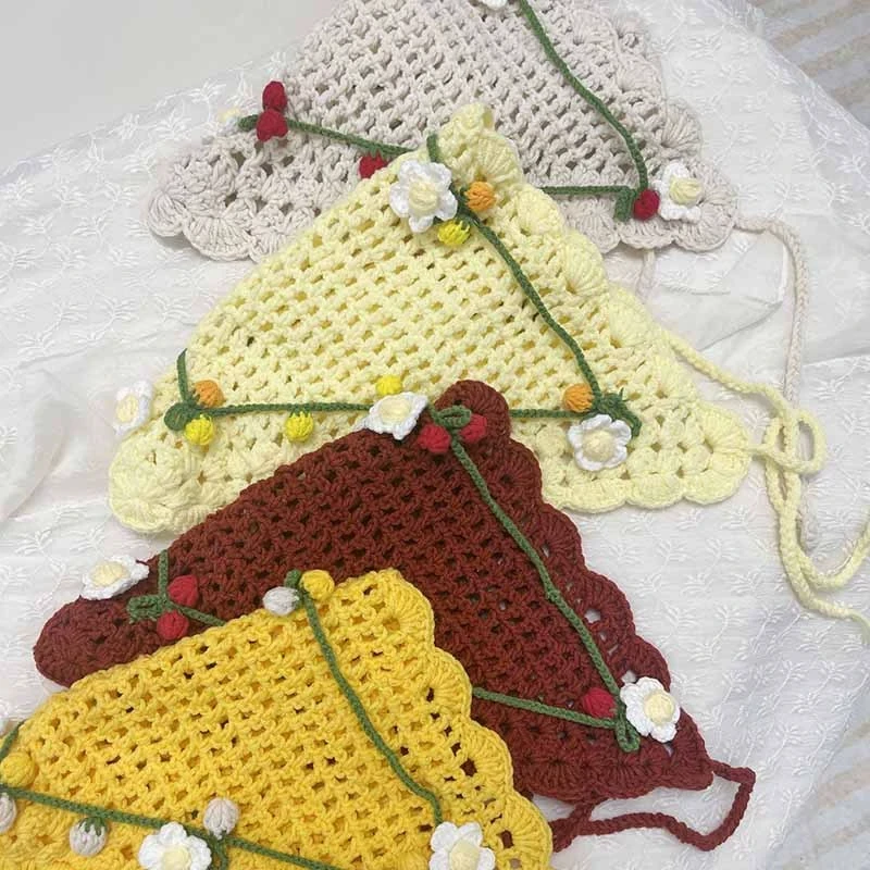 Französischer pastoraler Stil, gestricktes, florales Dreieck-Kopftuch für Mädchen, personalisiertes Kopftuch für Fotoshootings mit Bindeband, 3D-Blumen-Haarband – Detail 2