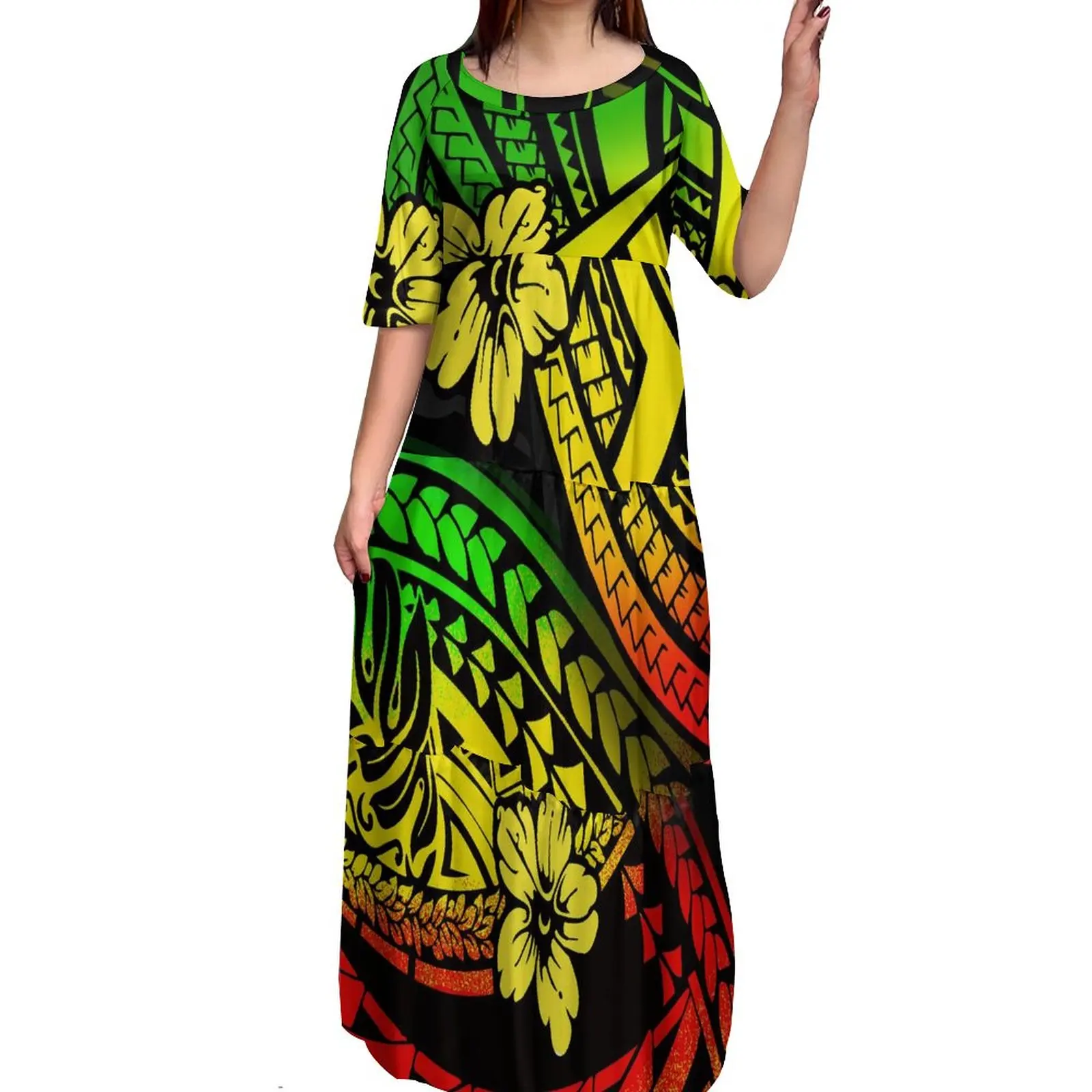 

Tie Dye Pacific Island Art Printed Ruffle Tiered Maxi Dress Custom Ladies Half Sleeve Samoan Dress Polynesian Dresses