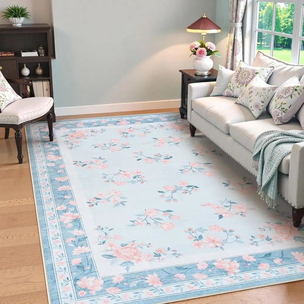 

Light Blue Floral 5x7 Washable Rug - Non-Slip French Country Style for Living Room, Bedroom, Dining Area, and Office