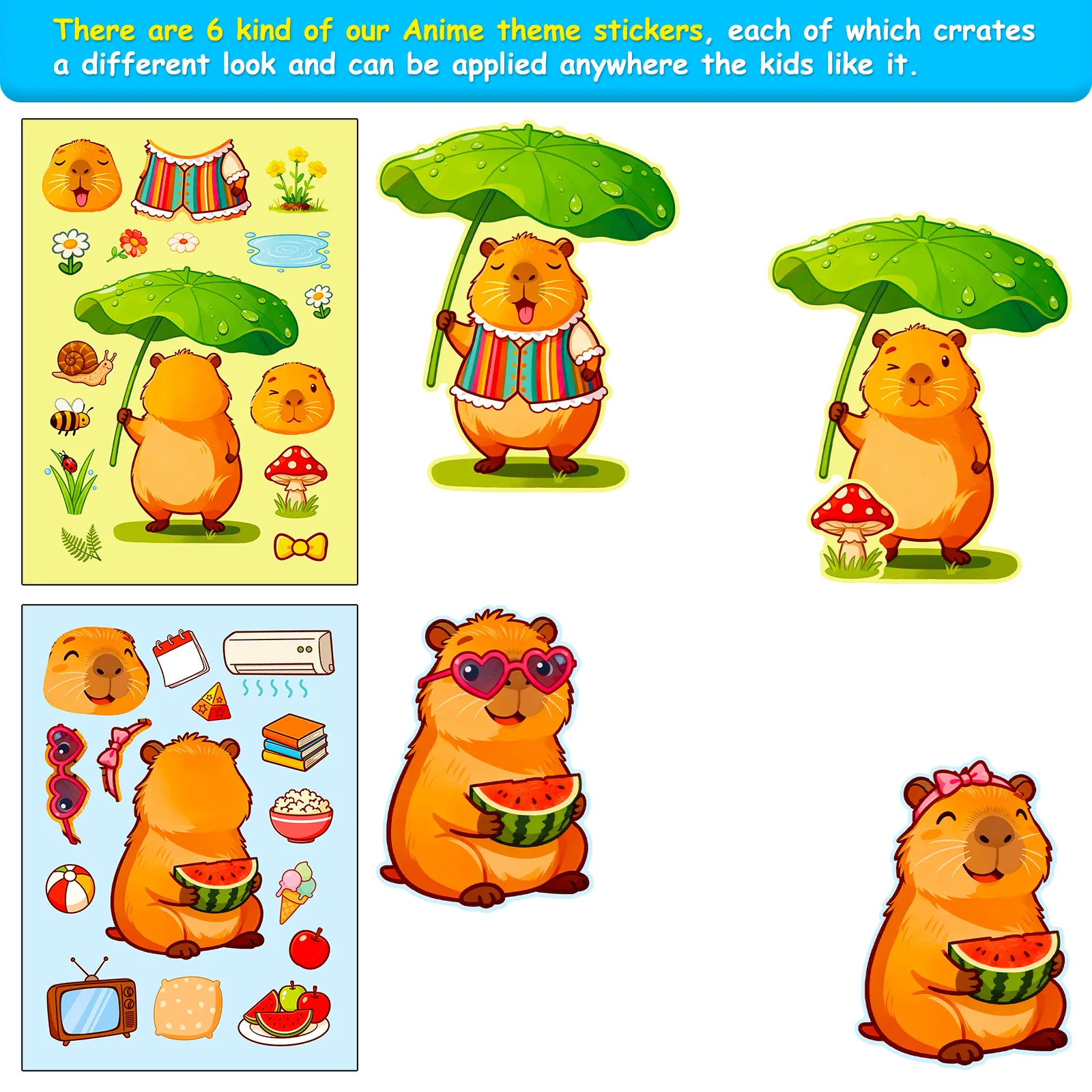 6/12 ورقة كابيبارا الحياة جعل وجه لغز ملصقات الاستحمام في عطلة الكرتون ملصق DIY الأمتعة الهاتف الغيتار ألعاب أطفال