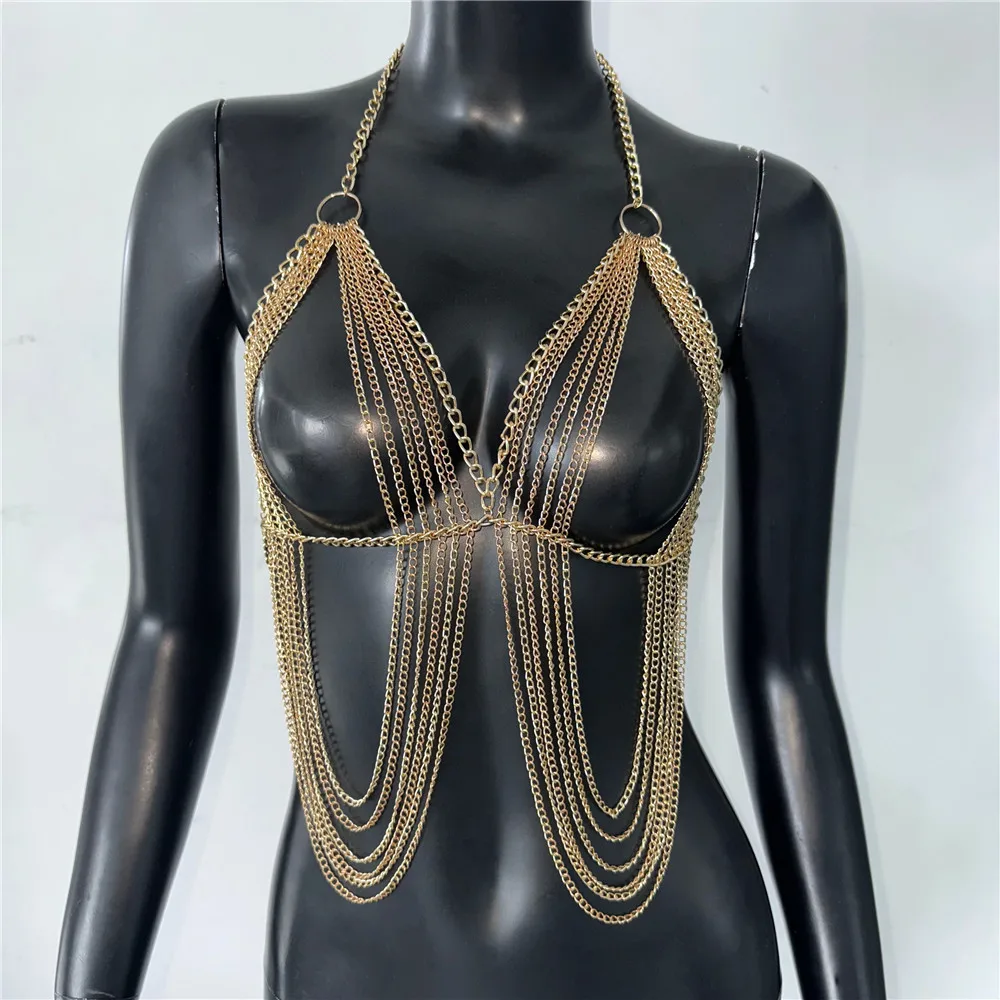 เสื้อครอปสายเดี่ยวซีทรูโชว์หลังเซ็กซี่ประดับโซ่โลหะและพู่สำหรับผู้หญิง เหมาะสำหรับงานเทศกาลดนตรีและงานเรฟ