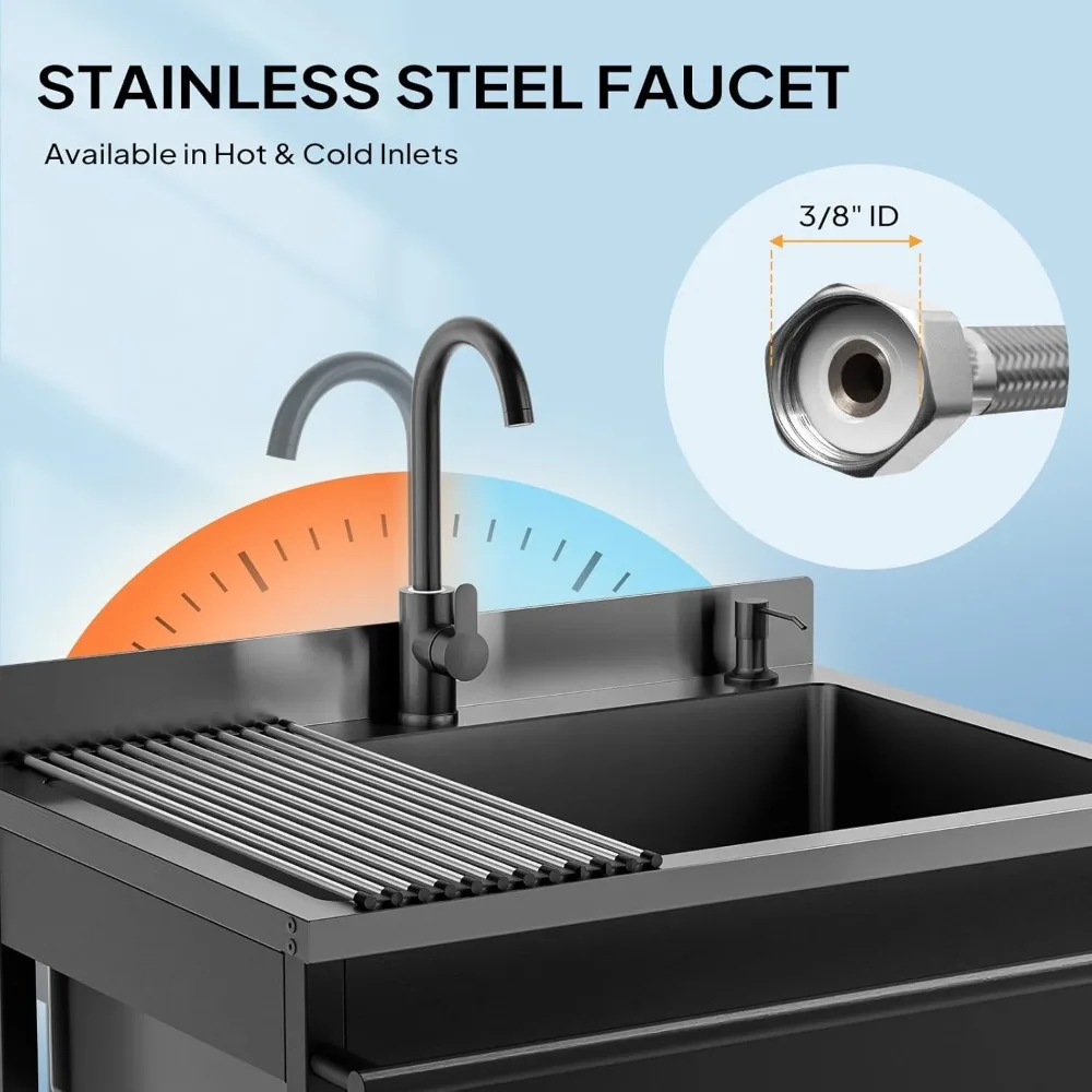 Kitchen Stainless Steel Utility Sink Free Standing with Faucet & Draining Rack