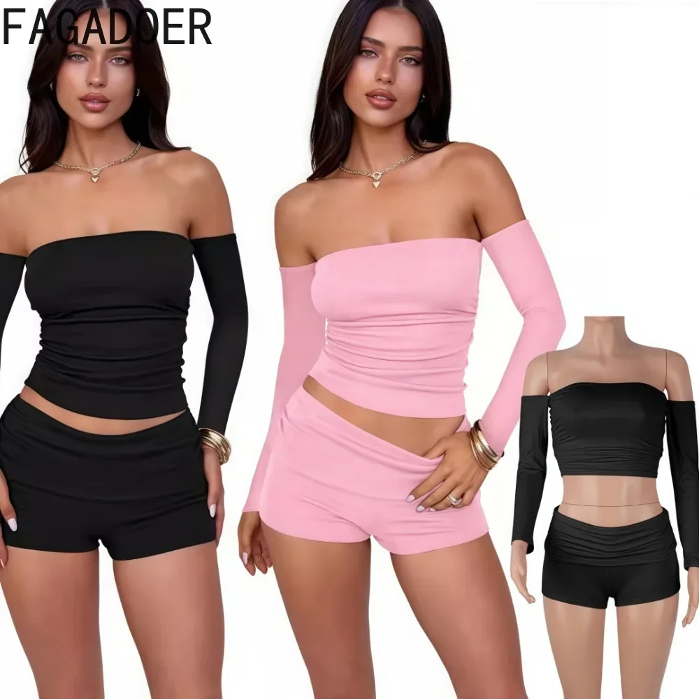 

FAGADOER Y2K Sexy 2 piece sets women outfit Solid Off Shoulder tube tops and bodycon shorts suit female streetwear +sleeve glove