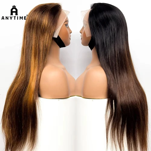 Pelucas de cabello humano con frente recto de 30 pulgadas, pelucas de cabello humano Frontal de encaje transparente 13x4 de 280% de densidad, cabello suave para mujeres negras