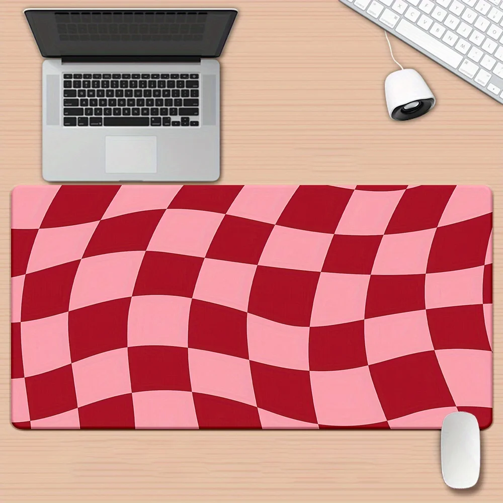 Wavy Checkered Pink and Red XXL Extended Mouse Pad Non Slip Rubber Gaming Keyboard Mat Office Desk Protector