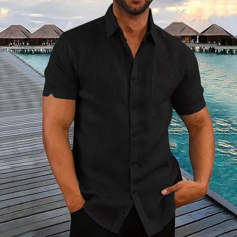 Hot Selling Cotton Linen Men\'s Short-Sleeved Shirts Summer Lightweight Solid Color Turn-down collar Casual Beach Style Plus Size