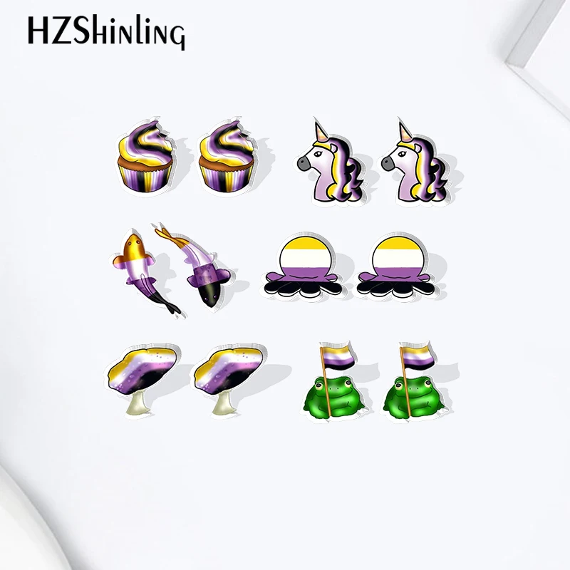 2023 Cartoon Cute Non Binary Pride Flag Series Acrylic Resin Stud Earrings Epoxy Handmade Jewelry Gifts Friends