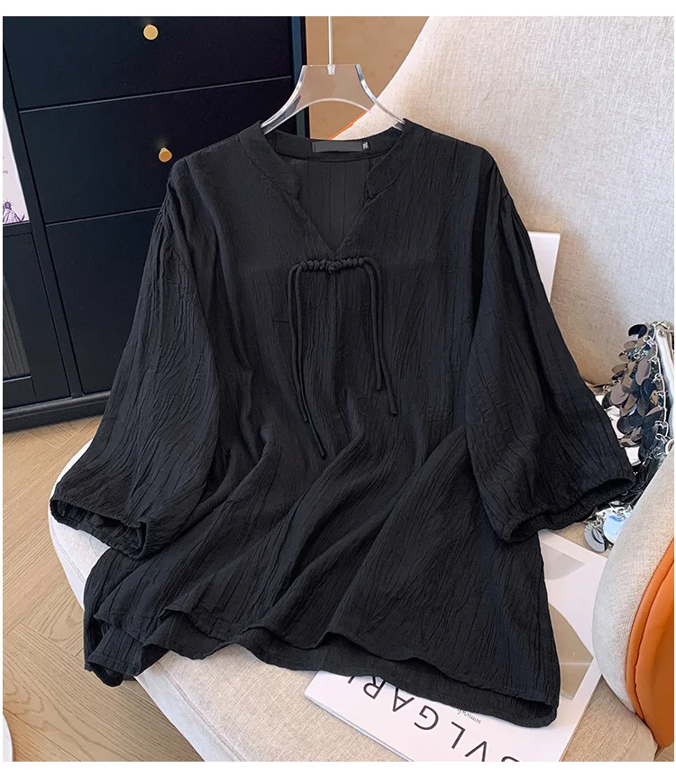 150Kg Plus Size Women\'s Bust 160 Summer Loose National Style V-Neck Medium Sleeved Button Pullover Shirt 5XL 6XL 7XL 8XL 9XL