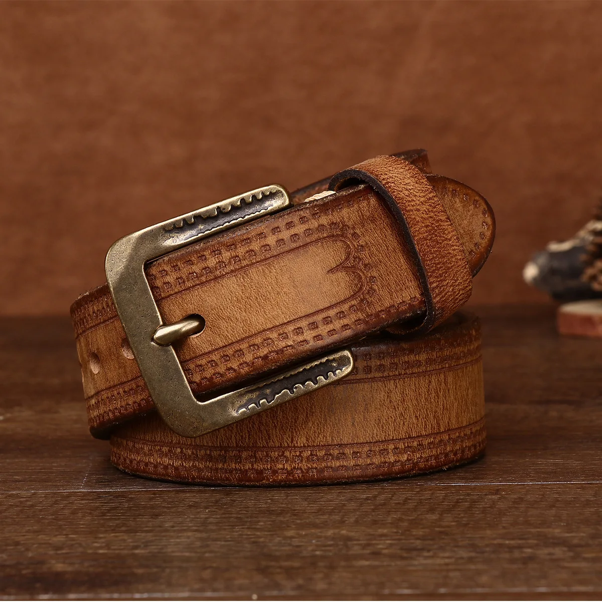 5.5MM Thick Retro Personalized Embossed Copper Buckle Genuine Leather Belt Men's Head Layer Cowhide Jeans Motorcycle Belts