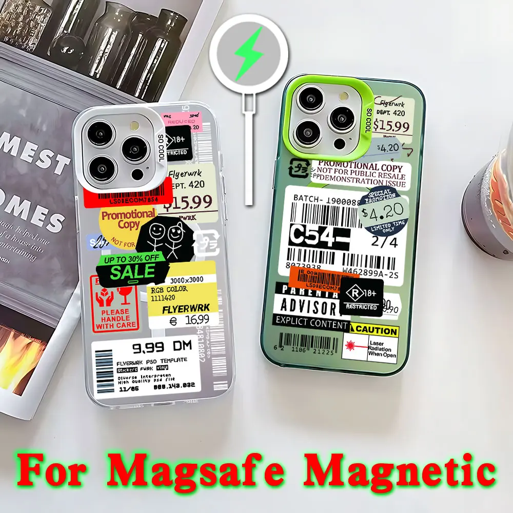 Fashion Stamp Label Barcode Magsafe Magnetic Phone Case for IPhone 11 12 13 14 15 16 Pro Max Plus Border Silver Plated Cover