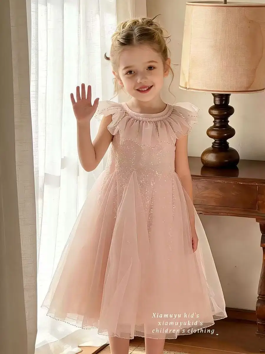 2026 New Summer Light Luxury Sequined Sleeve Princess Dress Children's Birthday Banquet Piano Performance Suit