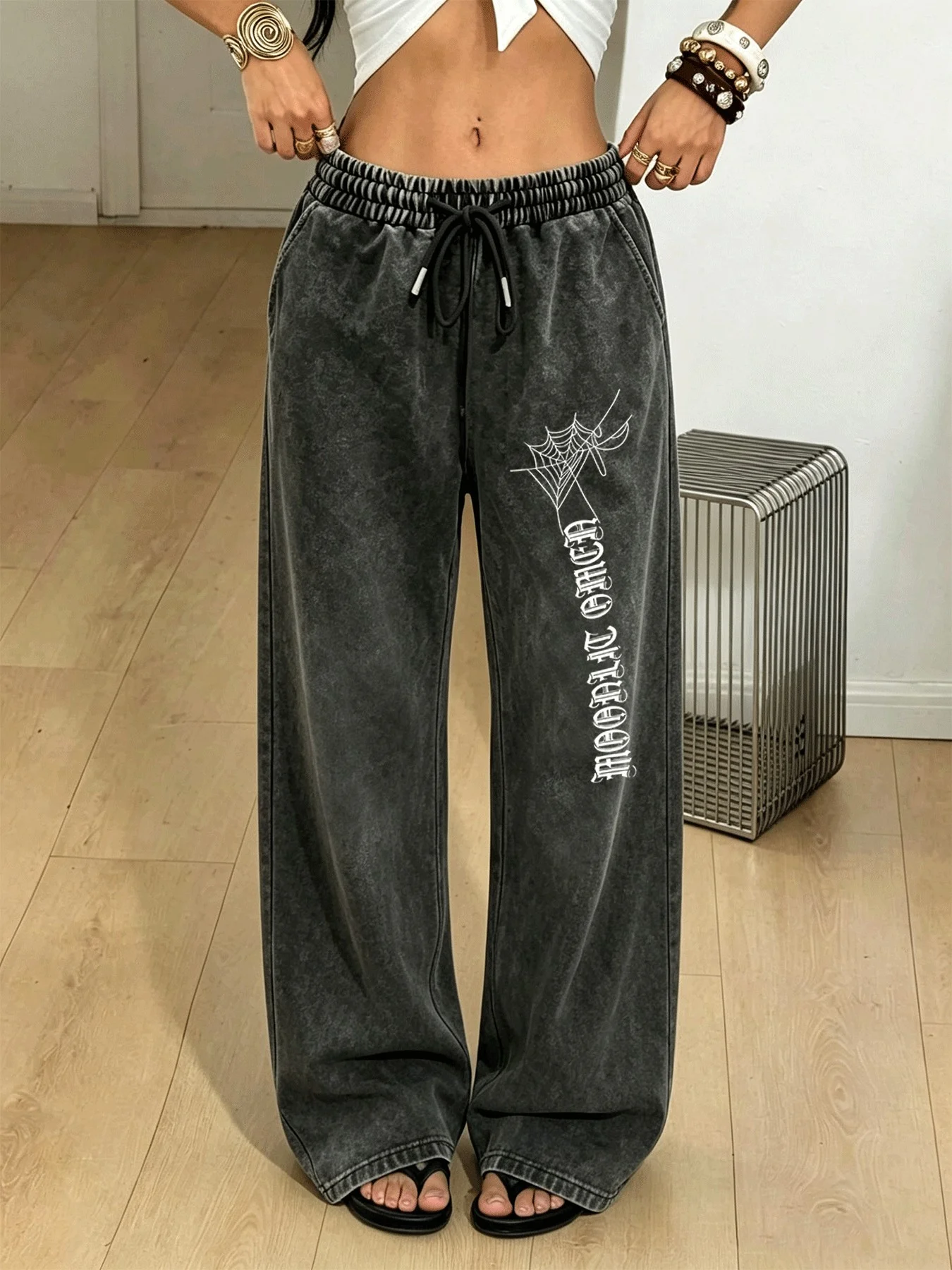 Vintage Washed Distressed Trousers for Women, Stylish, Comfortable and Versatile Trousers with Spider Web Print