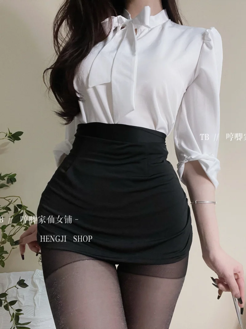 women's Spring summer sexy secretary seductive flirting passion wrap buttocks short skirt bow tie solid color shirt set 0UJ4