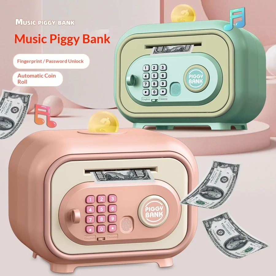 Electronic Piggy Bank Cartoon Kids Automatic Bill Rolling Fingerprint Password Unlock Large Capacity Money Box Toy Gift