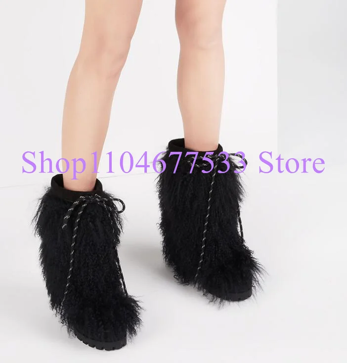 

Black Fur Decor Woman Snow Boots Fashion Platform Increasing Heel Lace-up Lady Short Boots Female Mid-calf Boots