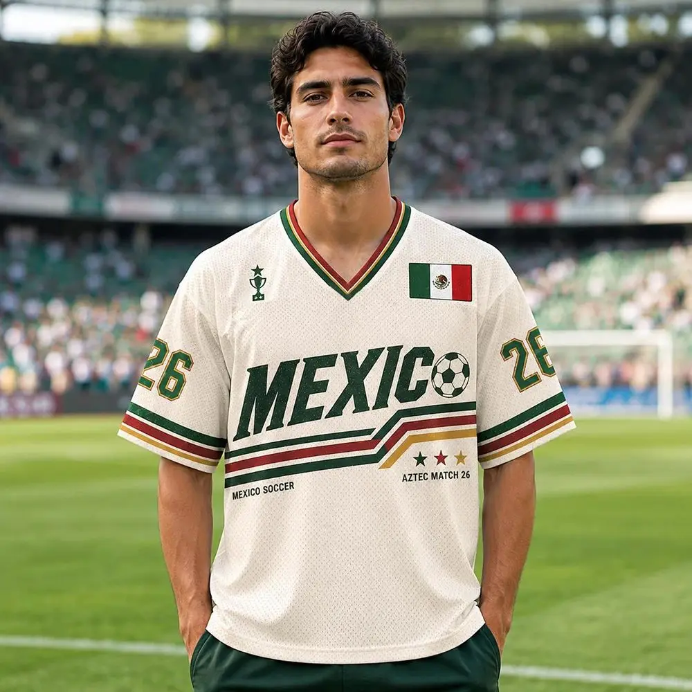 2026 Summer Mexico Soccer Retro Football Jersey V-neck Soccer Shirt Men's Vintage Casual Sports Tee for Fans Kids Adults