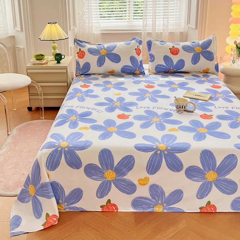 1PC White Base Bed Sheet, Blue Flower with Small Apple & 