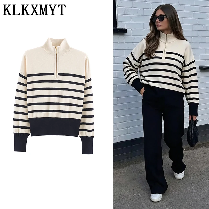 KLKXMYT Chic Stripe Knitted Pullover Women Stand Collar Zipper Sweater Fashion Casual Long Sleeve Female Elegant Knitwear Top