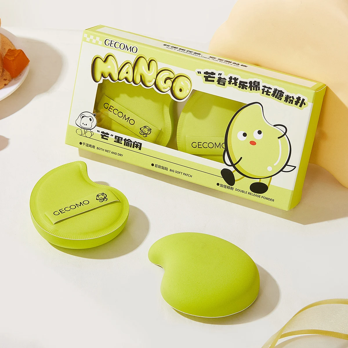 GECOMO 2 pièces bouffantes de poudre de guimauve en forme de mangue humide et sec double usage éponge de maquillage douce et respectueuse de la peau