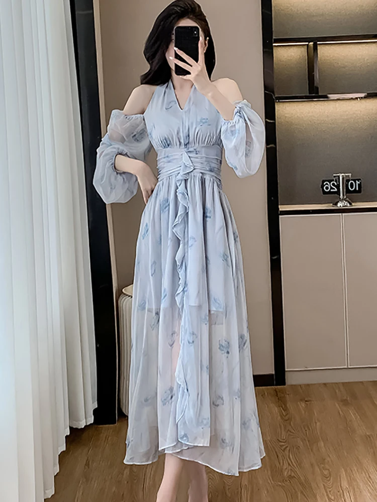 

Spring Blue Floral Chiffon Off Shoulder Dress Whith Long Sleeve Women Elegant Beach Dress 2024 Korean Fashion Bodycon Prom Dress