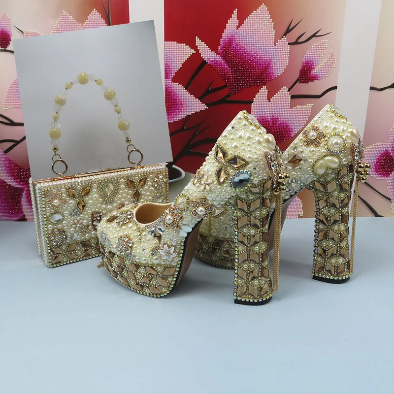 

Fashion Champagne Gold Wedding Shoes and bag Set Woman 14cm High Pumps Thick Heel Party Shoes Matching Bag Round Toe Pumps