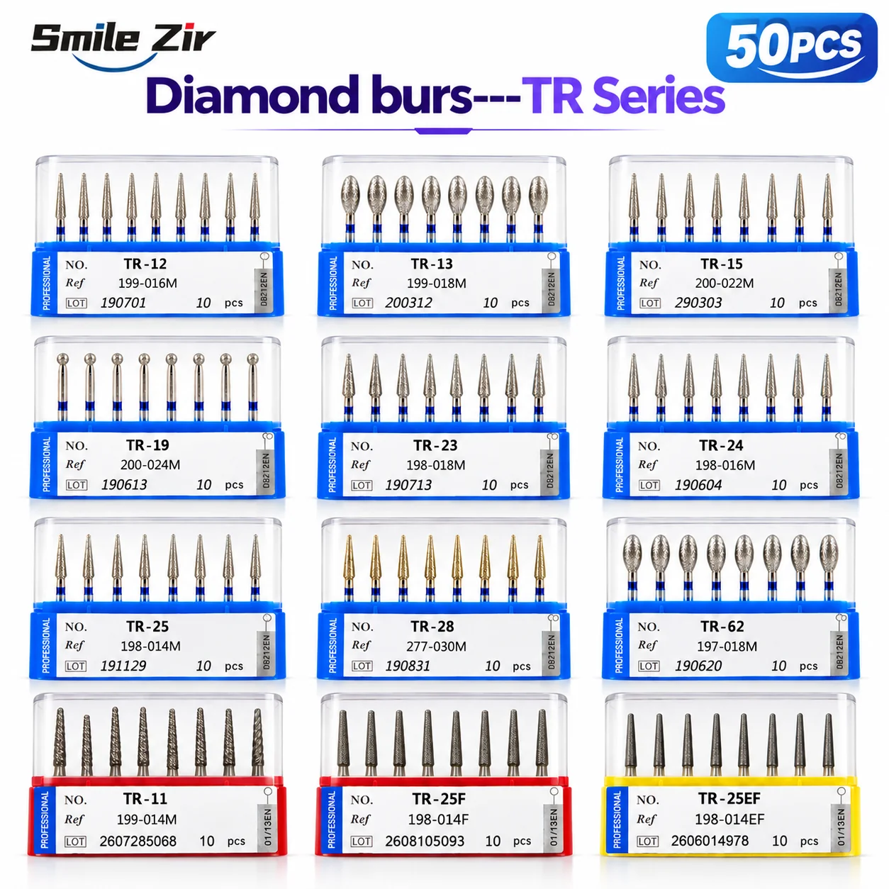 50Pcs High Speed TR Series Dental Diamond Burs for Turbine Handpiece Dentistry Stomatology Grinding Drill Tools Dental Lab