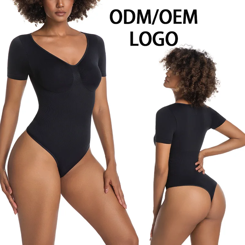 Naadloze korte mouw bodysuit, naadloze V-hals shapewear, hoge taille, knoop body shaper, onzichtbare, één geheel, buikcontrole