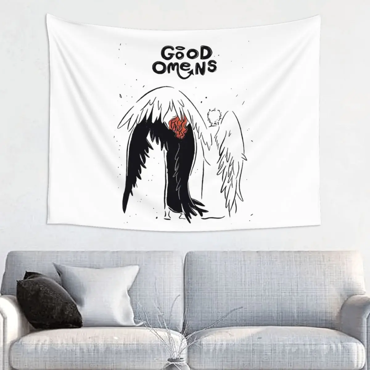 Angel And Demon Good Omens Tapestry Hippie Polyester Wall Hanging Wall Decor Yoga Mat Art Wall Carpet