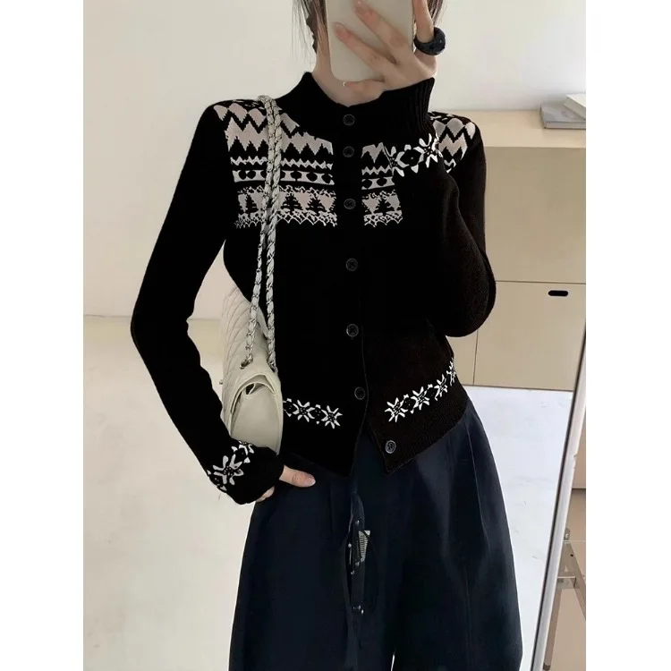 

Chic Korean Sle Women's Knitted Sweater f High Collar Bla Floral Pattern ort Top for Small Figures Winter Faion